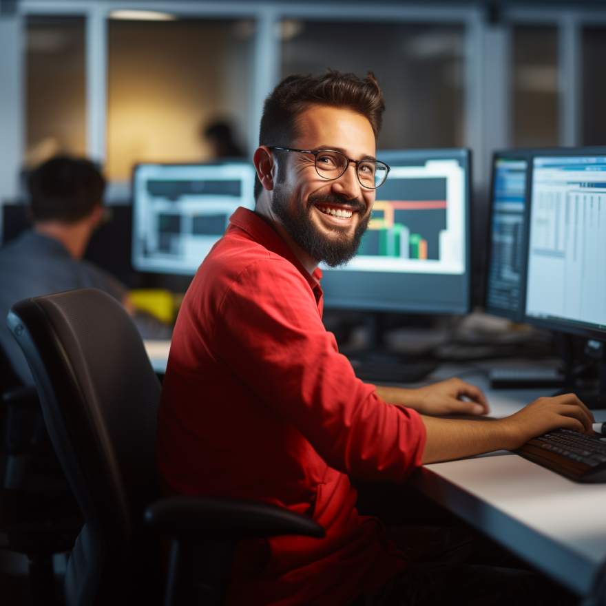 Male Indian Software Developer in Bright Red Shirt