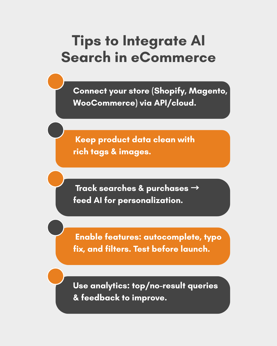 Infographic highlighting the top tips to integrate AI search into eCommerce