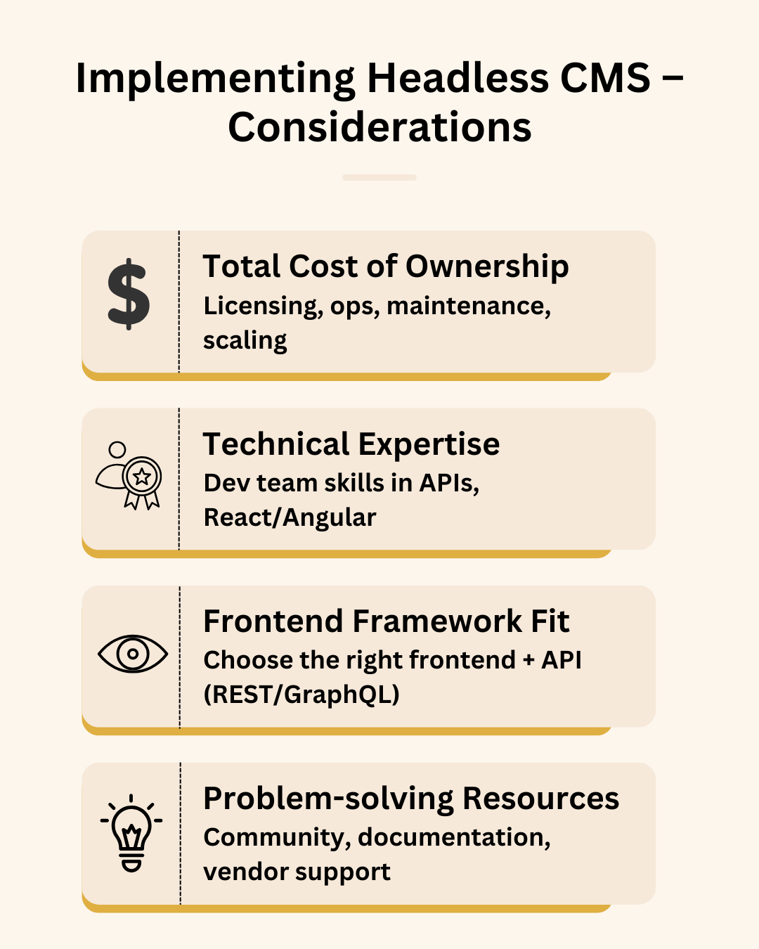 Infographic detailing the main factors to consider when implementing a headless CMS